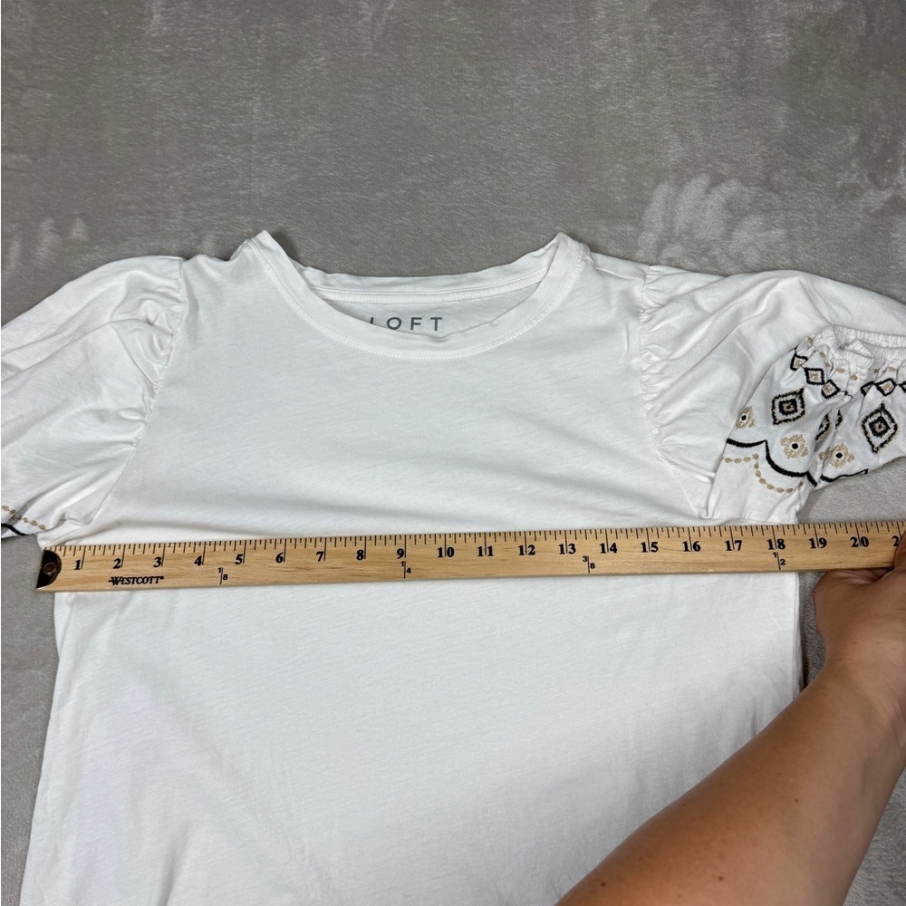 LOFT Embroidered Balloon Sleeve Top White 100% Cotton Lightweight Blouse Size MP - Picture 8 of 15